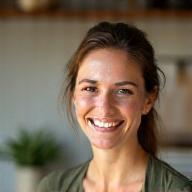 Julia Hartwell, smiling in a modern kitchen